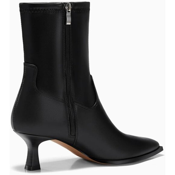 Women's Black Pointed Toe Ankle Boots Stacked Kitten Low Heel Side Zipper - Picture 6 of 6